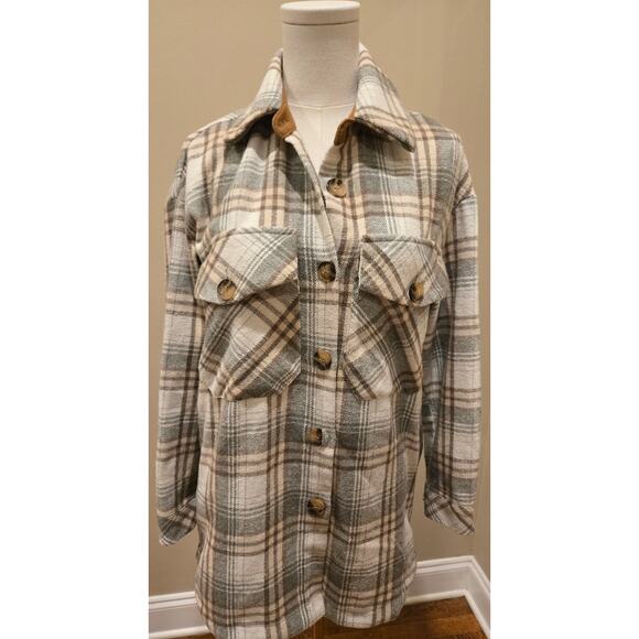 Anthropologie THML Fleece Button Down Shacket Shirt Jacket Plaid Pockets XS - Picture 2 of 9